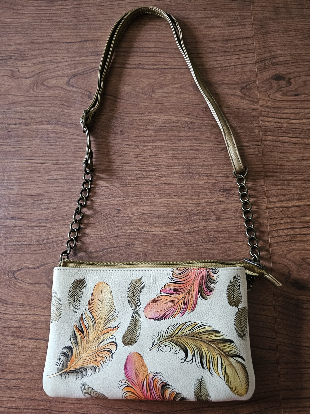 Anuschka "Floating Feathers Ivory" Leather Crossbody Bag W/RFID Protection
